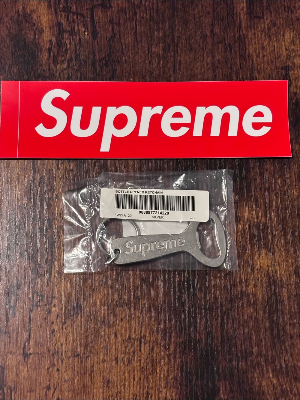 Supreme Bottle Opener Keychain Silver FW24A120 + Supreme Red Box Logo